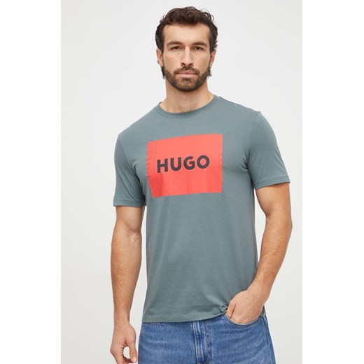 HUGO t-shirt bawełniany kolor zielony z nadrukiem 50467952 ze sklepu ANSWEAR.com w kategorii T-shirty męskie - zdjęcie 166151773