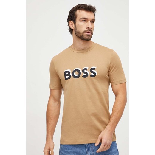 BOSS t-shirt bawełniany męski kolor beżowy z nadrukiem ze sklepu ANSWEAR.com w kategorii T-shirty męskie - zdjęcie 166152091
