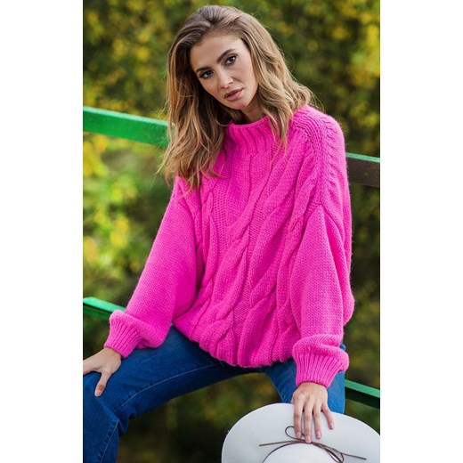 Sweter oversize różowy z wzorem aranów F840, Kolor różowy, Rozmiar S/M, Fobya ze sklepu Primodo w kategorii Swetry damskie - zdjęcie 166186880