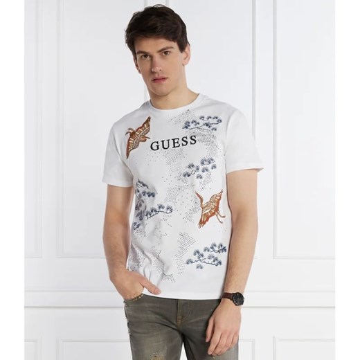 T-shirt męski biały Guess z bawełny z krótkimi rękawami