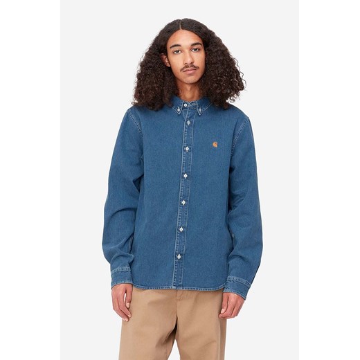 Carhartt WIP koszula jeansowa Weldon Shirt męska kolor niebieski relaxed z kołnierzykiem button-down I031928-BLUESTONE ze sklepu PRM w kategorii Koszule męskie - zdjęcie 166191301