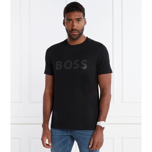 Czarny t-shirt męski BOSS HUGO z napisami na wiosnę 