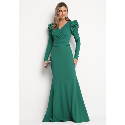 Zielona Sukienka Maxi z Kopertowym Dekoltem i Falbankami Serrila ze sklepu Born2be Odzież w kategorii Sukienki - zdjęcie 166208862