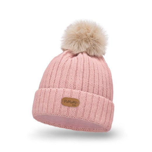 PaMaMi Modna czapka dziecięca z eko-pomponem - Różowa ze sklepu JK-Collection w kategorii Czapki zimowe damskie - zdjęcie 166223802