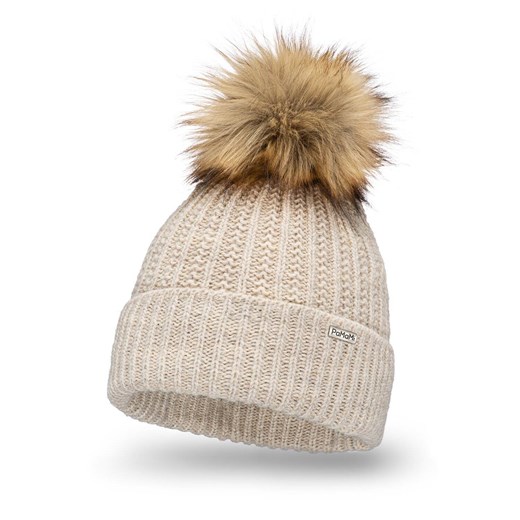 Beżowa czapka z pomponem i polarem ze sklepu JK-Collection w kategorii Czapki zimowe damskie - zdjęcie 166224803
