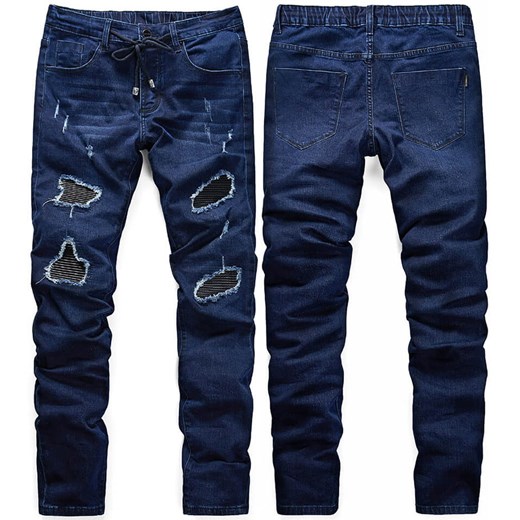 Spodnie jeansowe męskie granatowe z łatami Recea ze sklepu Recea.pl w kategorii Jeansy męskie - zdjęcie 166253753