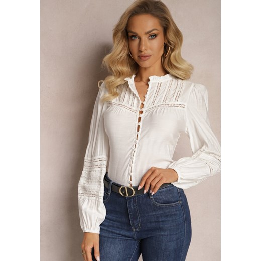 Biała Koszula z Wiskozy ze Stójką i Wstawkami z Koronki Diverto ze sklepu Renee odzież w kategorii Koszule damskie - zdjęcie 166259314