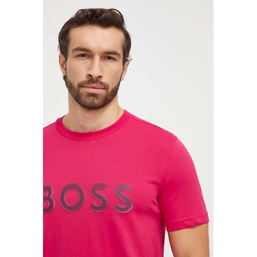 Boss Green t-shirt bawełniany męski kolor różowy z aplikacją ze sklepu ANSWEAR.com w kategorii T-shirty męskie - zdjęcie 166263333