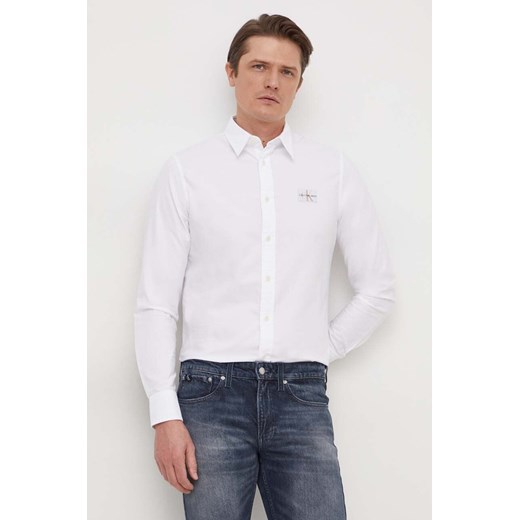 Calvin Klein Jeans koszula bawełniana męska kolor biały regular z kołnierzykiem klasycznym ze sklepu ANSWEAR.com w kategorii Koszule męskie - zdjęcie 166272144