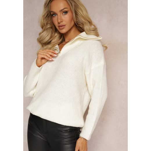 Biały Golf Sweter z Długim Rękawem i Zapięciem na Suwak przy Szyi Naissava ze sklepu Renee odzież w kategorii Swetry damskie - zdjęcie 166371070