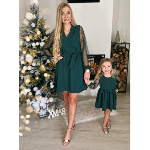 Zestaw sukienek z tiulowymi rękawami mama i córka Kozzii - butelkowa zieleń - butelkowa zieleń ze sklepu pakuten.pl w kategorii Sukienki - zdjęcie 166435721