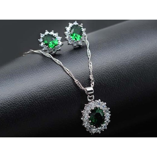 komplet biżuterii z zielonymi cyrkoniami eleganckie owalne markizy Lovrin okazja LOVRIN