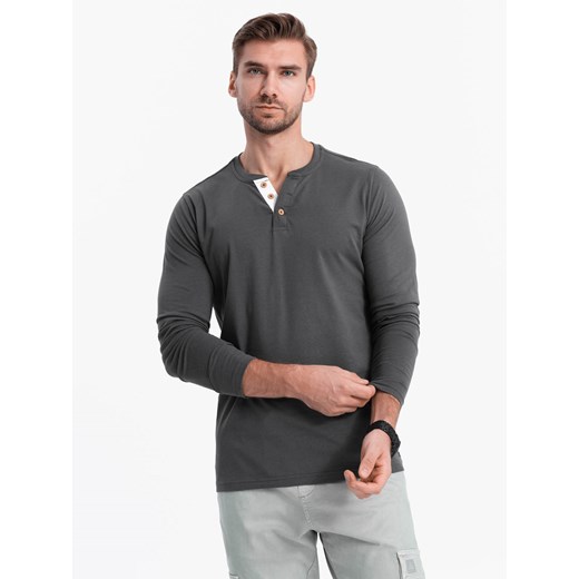 Longsleeve męski z dekoltem HENLEY - grafitowy V9 OM-LSCL-0107 S ombre