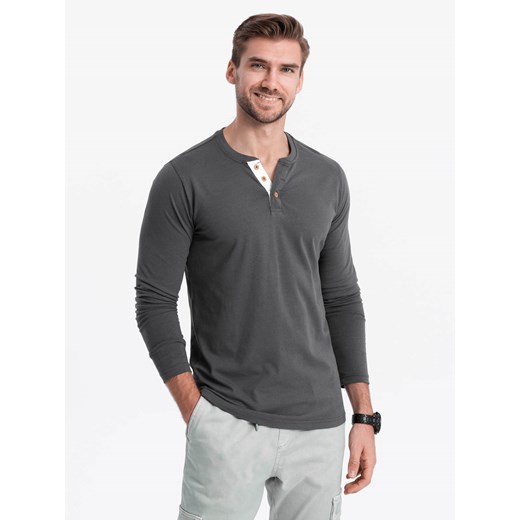 Longsleeve męski z dekoltem HENLEY - grafitowy V9 OM-LSCL-0107 M ombre