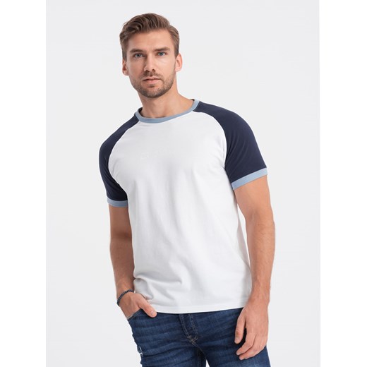 T-shirt męski bawełniany z reglanem - biało-granatowy V6 S1623 ze sklepu ombre w kategorii T-shirty męskie - zdjęcie 166465714