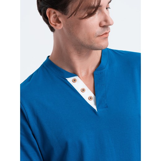 Longsleeve męski z dekoltem HENLEY - niebieski V2 OM-LSCL-0107 XL ombre