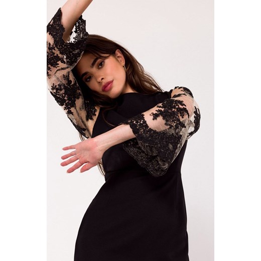 Czarna elegancka sukienka z rękawami z gipiury K182, Kolor czarny, Rozmiar L, makover ze sklepu Primodo w kategorii Sukienki - zdjęcie 166471593