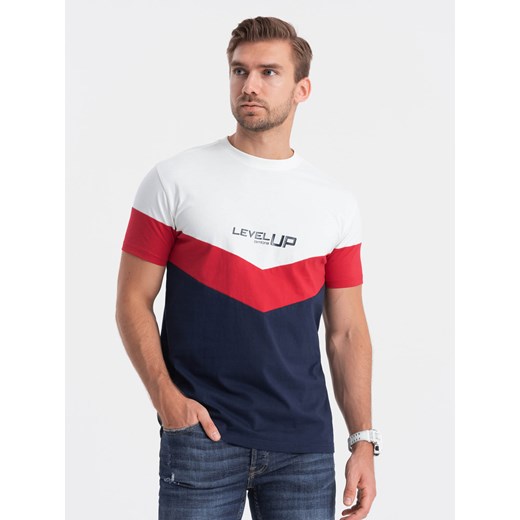 T-shirt męski bawełniany trójkolorowy z logo- granatowo-czerwony V5 S1747 ze sklepu ombre w kategorii T-shirty męskie - zdjęcie 166472521