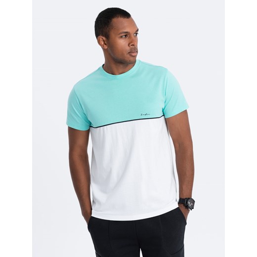 T-shirt męski bawełniany dwukolorowy - miętowo-biały V3 S1619 ze sklepu ombre w kategorii T-shirty męskie - zdjęcie 166480283