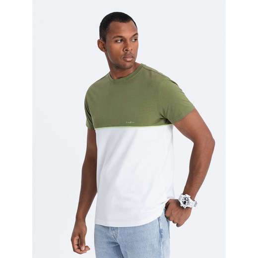 T-shirt męski bawełniany dwukolorowy - oliwkowo-biały V5 S1619 ze sklepu ombre w kategorii T-shirty męskie - zdjęcie 166480292