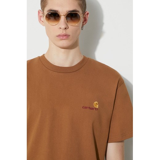 Carhartt WIP t-shirt bawełniany S/S American Script T-Shirt męski kolor brązowy z aplikacją I029956.HZXX ze sklepu PRM w kategorii T-shirty męskie - zdjęcie 166480561
