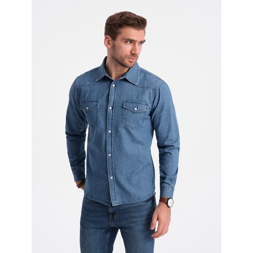 Koszula męska jeansowa na zatrzaski z kieszonkami - niebieska V2 OM-SHDS-0115 ze sklepu ombre w kategorii Koszule męskie - zdjęcie 166487634