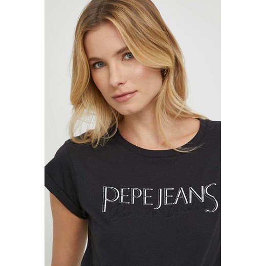 Bluzka damska Pepe Jeans z krótkimi rękawami czarna z napisami z okrągłym dekoltem 