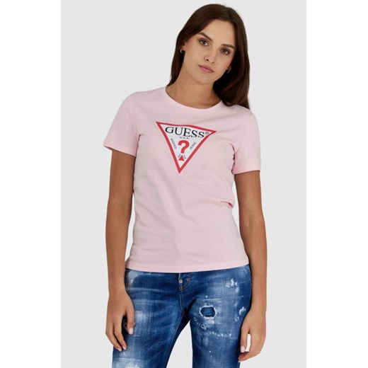 GUESS Różowy t-shirt damski z trójkątnym logo, Wybierz rozmiar S ze sklepu outfit.pl w kategorii Bluzki damskie - zdjęcie 166503704