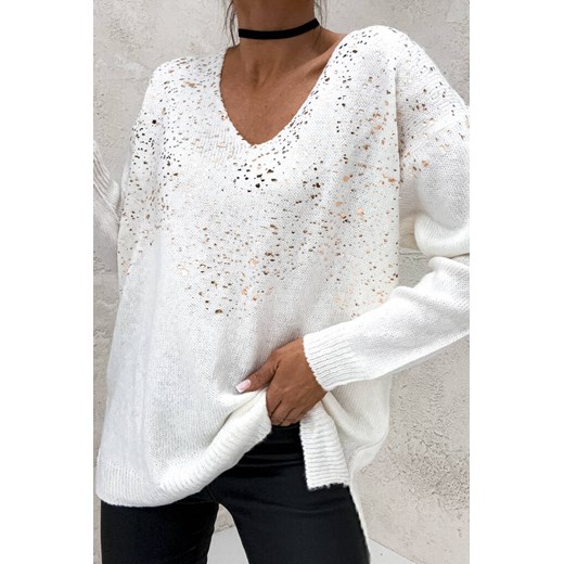 SWETER TUNIKA Z OZDOBNYM ZŁOTEM- BIAŁY Olika uniwersalny olika.com.pl