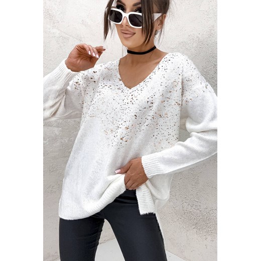 SWETER TUNIKA Z OZDOBNYM ZŁOTEM- BIAŁY Olika uniwersalny olika.com.pl
