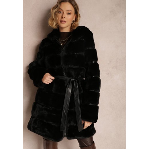 Czarny Płaszcz Futrzany Pikowany z Kapturem Pherahe ze sklepu Renee odzież w kategorii Futra damskie - zdjęcie 166536021