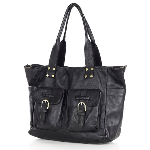 Torba skórzana shopper XL na ramię z dwoma kieszeniami MARCO MAZZINI czarna ze sklepu Verostilo w kategorii Torby Shopper bag - zdjęcie 166616194