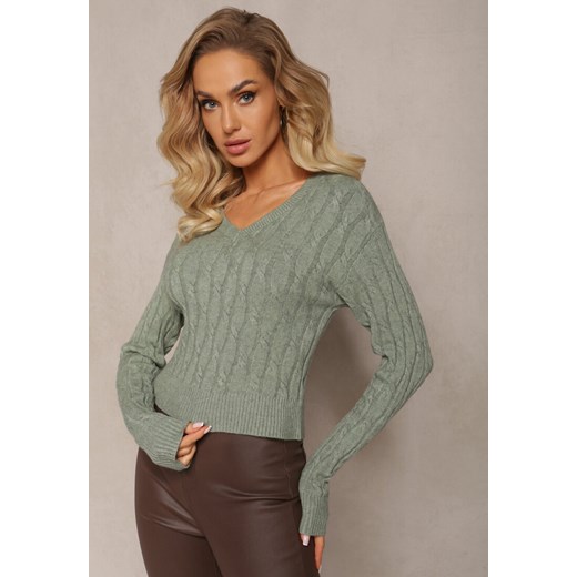 Zielony Sweter z Dekoltem w Serek i Warkoczykowym Splotem Silmirra ze sklepu Renee odzież w kategorii Swetry damskie - zdjęcie 166625801