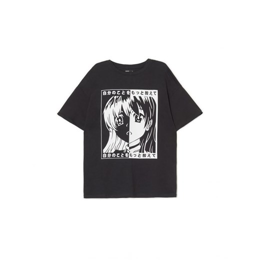 Cropp - Czarny t-shirt z motywem mangi - czarny ze sklepu Cropp w kategorii Bluzki damskie - zdjęcie 166661551