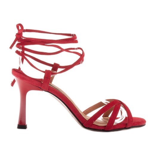 Marco Shoes Eleganckie sandały na szpilce z wiązanym rzemykiem czerwone Marco Shoes 38 ButyModne.pl