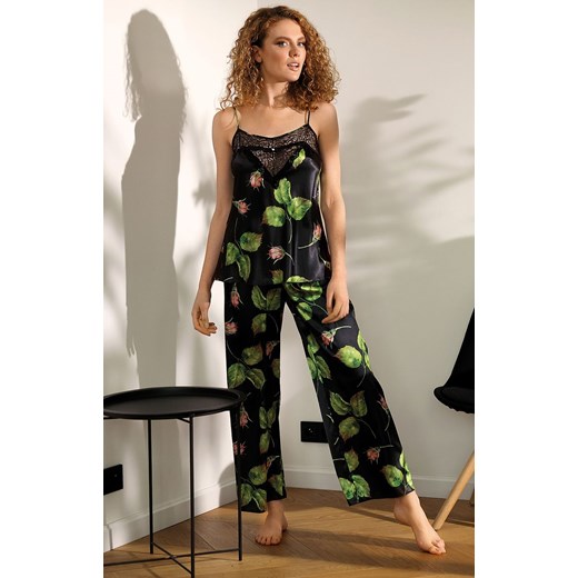 Flowers piżama satynowa KC 008, Kolor czarno-zielony, Rozmiar XS, DKaren ze sklepu Primodo w kategorii Piżamy damskie - zdjęcie 166695204