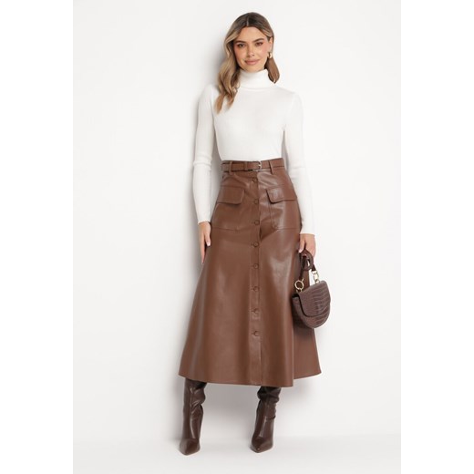 Brązowa Trapezowa Spódnica Midi z Ekoskóry na Guziki i Paskiem Stardia S okazja Born2be Odzież
