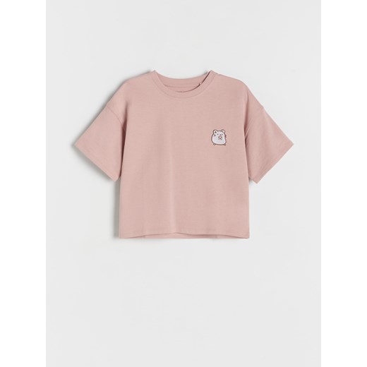 Reserved - Bawełniany t-shirt z haftem - pastelowy róż Reserved 122 (6-7 lat) Reserved