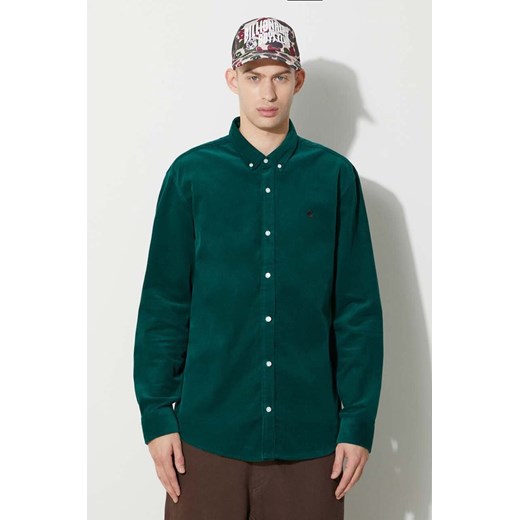Carhartt WIP koszula sztruksowa Longsleeve Madison Fine Cord Shirt kolor zielony regular z kołnierzykiem button-down I030580.1ZUXX ze sklepu PRM w kategorii Koszule męskie - zdjęcie 166979493