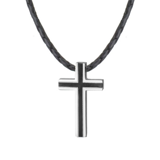 Elegancki naszyjnik z krzyżykiem – srebrno czarny krzyż na czarnym plecionym rzemieniu ze sklepu manoki.pl w kategorii Naszyjniki męskie - zdjęcie 166990321
