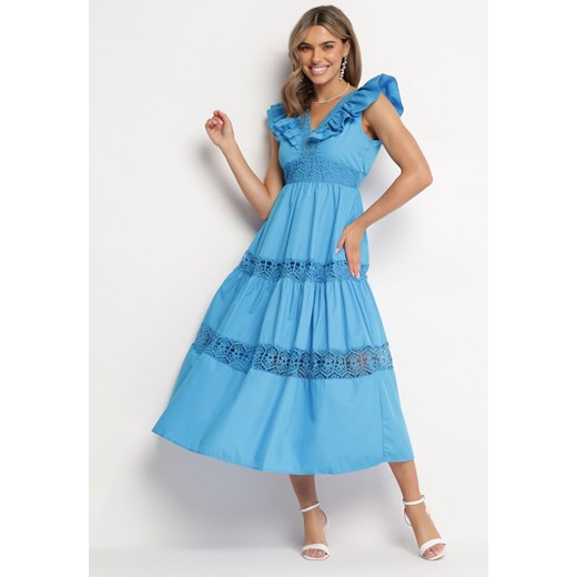 Niebieska Rozkloszowana Sukienka Maxi z Falbanką i Koronką Gavria ze sklepu Born2be Odzież w kategorii Sukienki - zdjęcie 167421742