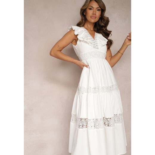 Biała Rozkloszowana Sukienka Maxi z Koronką i Wiązaniem na Plecach Iofia ze sklepu Renee odzież w kategorii Sukienki - zdjęcie 167447211