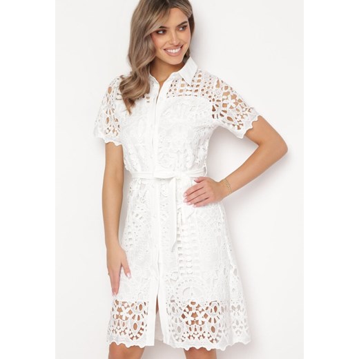 Biała Ażurowa Sukienka Koszulowa Midi z Wiązanym Paskiem Pamy ze sklepu Born2be Odzież w kategorii Sukienki - zdjęcie 167448760