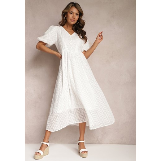 Biała Rozkloszowana Sukienka Haftowana Maxi z Krótkim Rękawem Garneta ze sklepu Renee odzież w kategorii Sukienki - zdjęcie 167521933