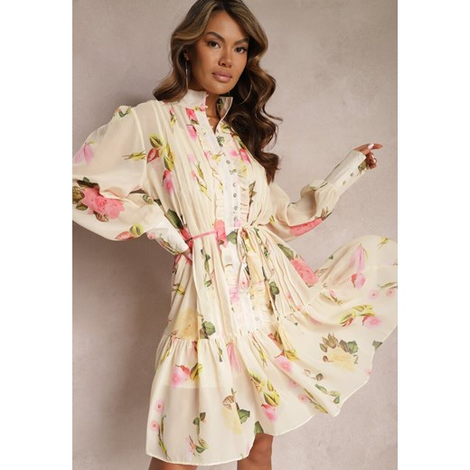 Jasnobeżowa Plisowana Sukienka Midi z Kwiatowym Wzorem z Paskiem i Guzikami Jazai ze sklepu Renee odzież w kategorii Sukienki - zdjęcie 167521943