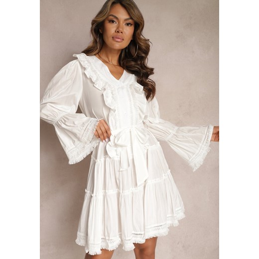 Biała Mini Sukienka o Rozkloszowanym Kroju z Falbankami i Materiałowym Paskiem w Talii Fiorfa ze sklepu Renee odzież w kategorii Sukienki - zdjęcie 167521993