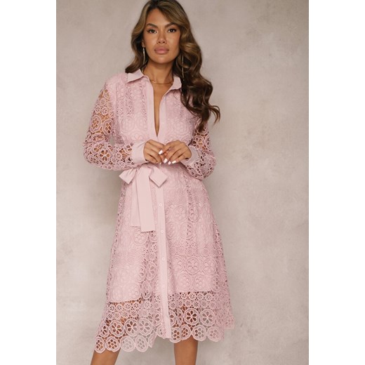 Różowa Rozkloszowana Midi Sukienka Ozdobiona Koronką z Paskiem w Talii Sailla Renee S wyprzedaż Renee odzież