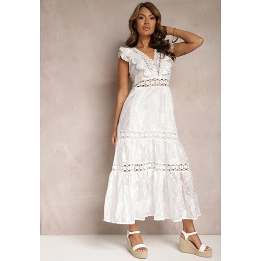 Biała Koronkowa Sukienka z Ażurowymi Wstawkami i Falbanką Rehlia ze sklepu Renee odzież w kategorii Sukienki - zdjęcie 167522043