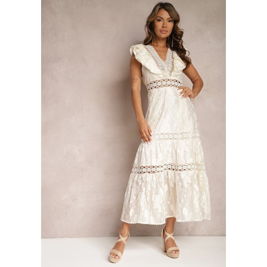 Jasnobeżowa Koronkowa Sukienka z Ażurowymi Wstawkami i Falbanką Rehlia ze sklepu Renee odzież w kategorii Sukienki - zdjęcie 167522053