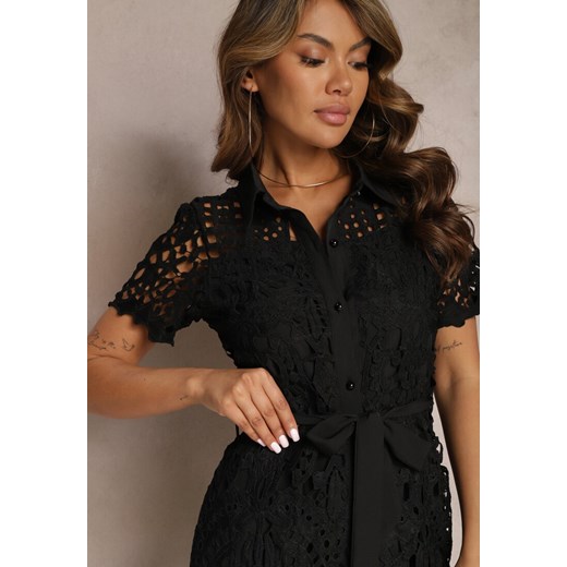 Czarna sukienka Renee midi elegancka na uczelnię koszulowa z krótkimi rękawami